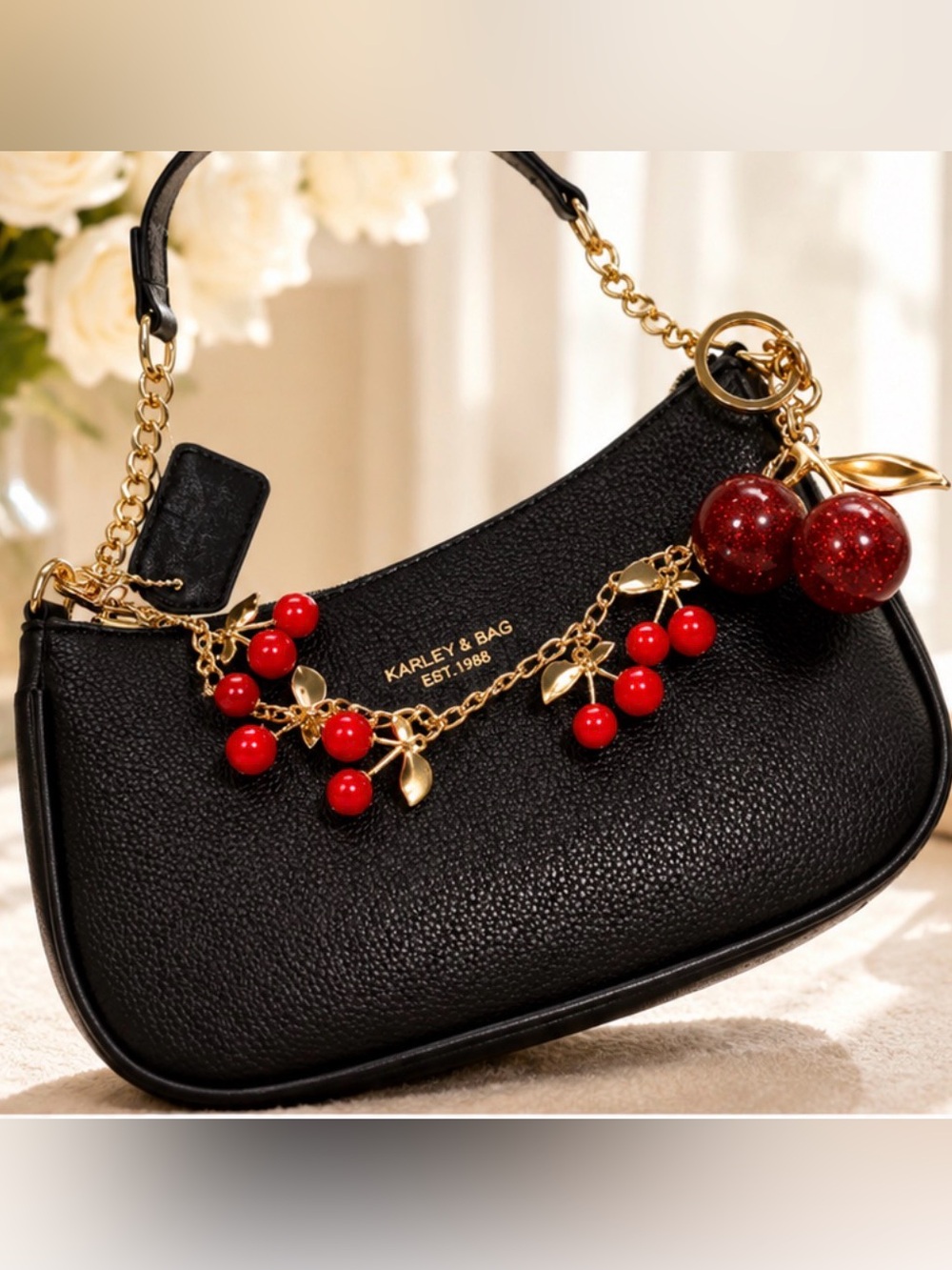 Black Leatherette Shoulder Bag with Red Cherry Charms